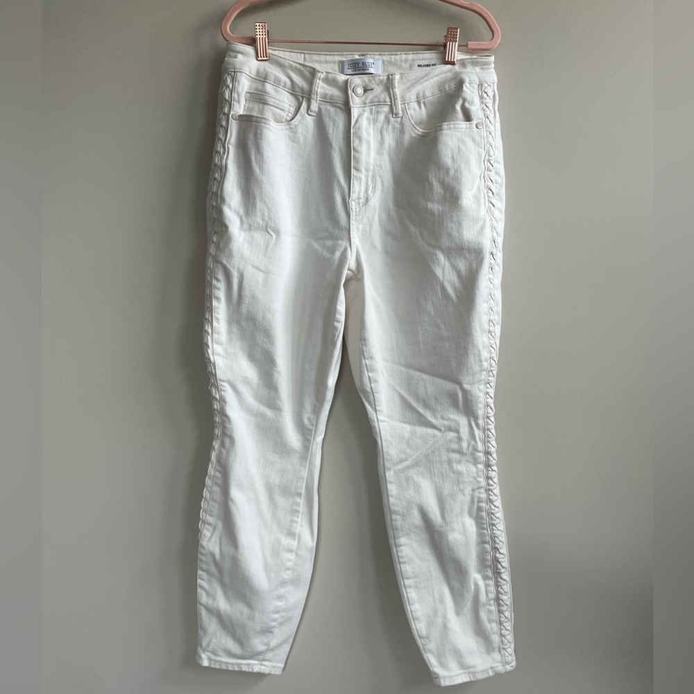 Judy Blue White Braided Side Stripe Relaxed Fit High Rise Ankle Jeans